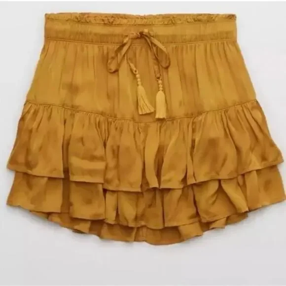 Aerie Size S Mini Skirt Sweet N’ Silky In Honey Ruffle Layers Satin Elastic NEW - Picture 2 of 11